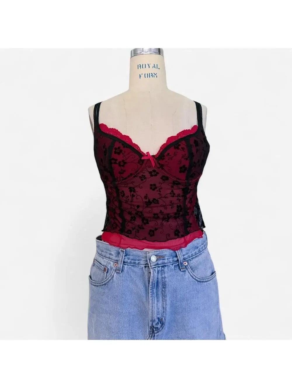 Vintage Y2K Red Black Floral Lace Bustier Corset Top in Burgundy